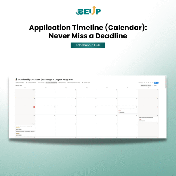Dashboard theo dõi tiến trình nộp hồ sơ học bổng và checklist chuẩn bị — BEUP