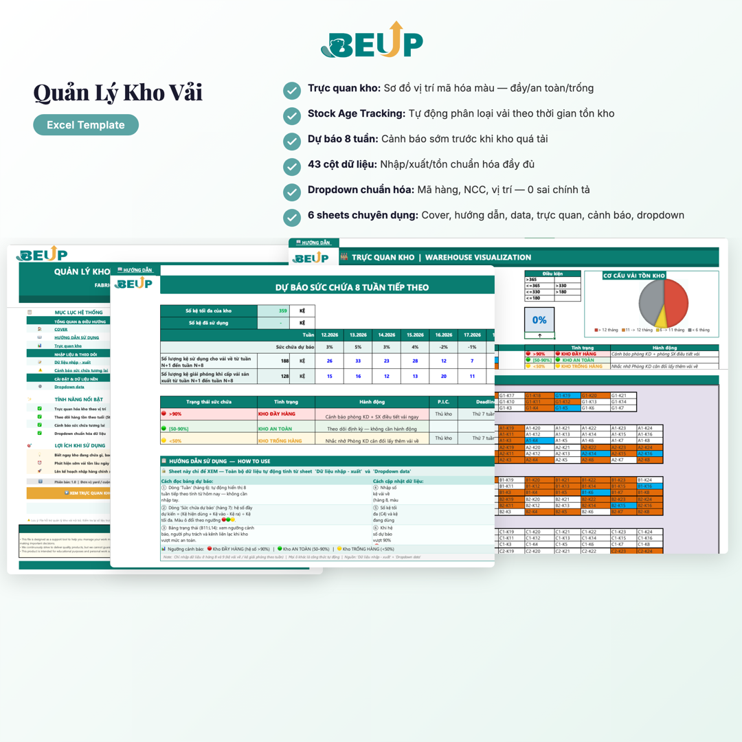 Template Excel quản lý kho vải - trực quan kho, stock age tracking, dự báo sức chứa 8 tuần