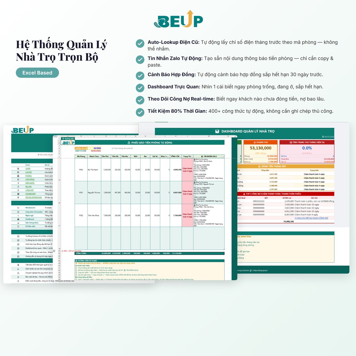 Dashboard quản lý nhà cho thuê BEUP — theo dõi dòng tiền, công nợ và trạng thái phòng theo thời gian thực