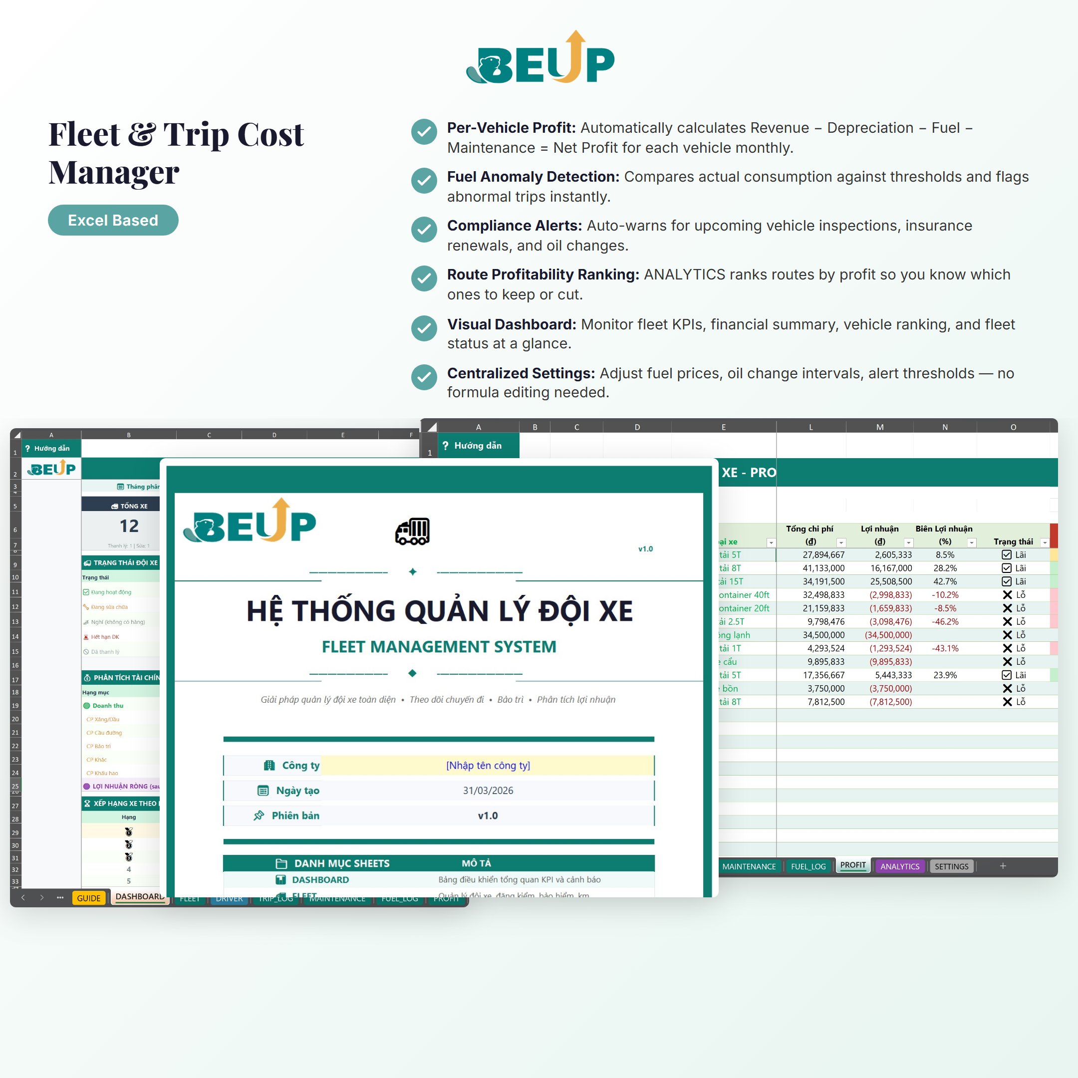 BEUP Fleet Trip - Template quản lý đoàn xe du lịch Excel
