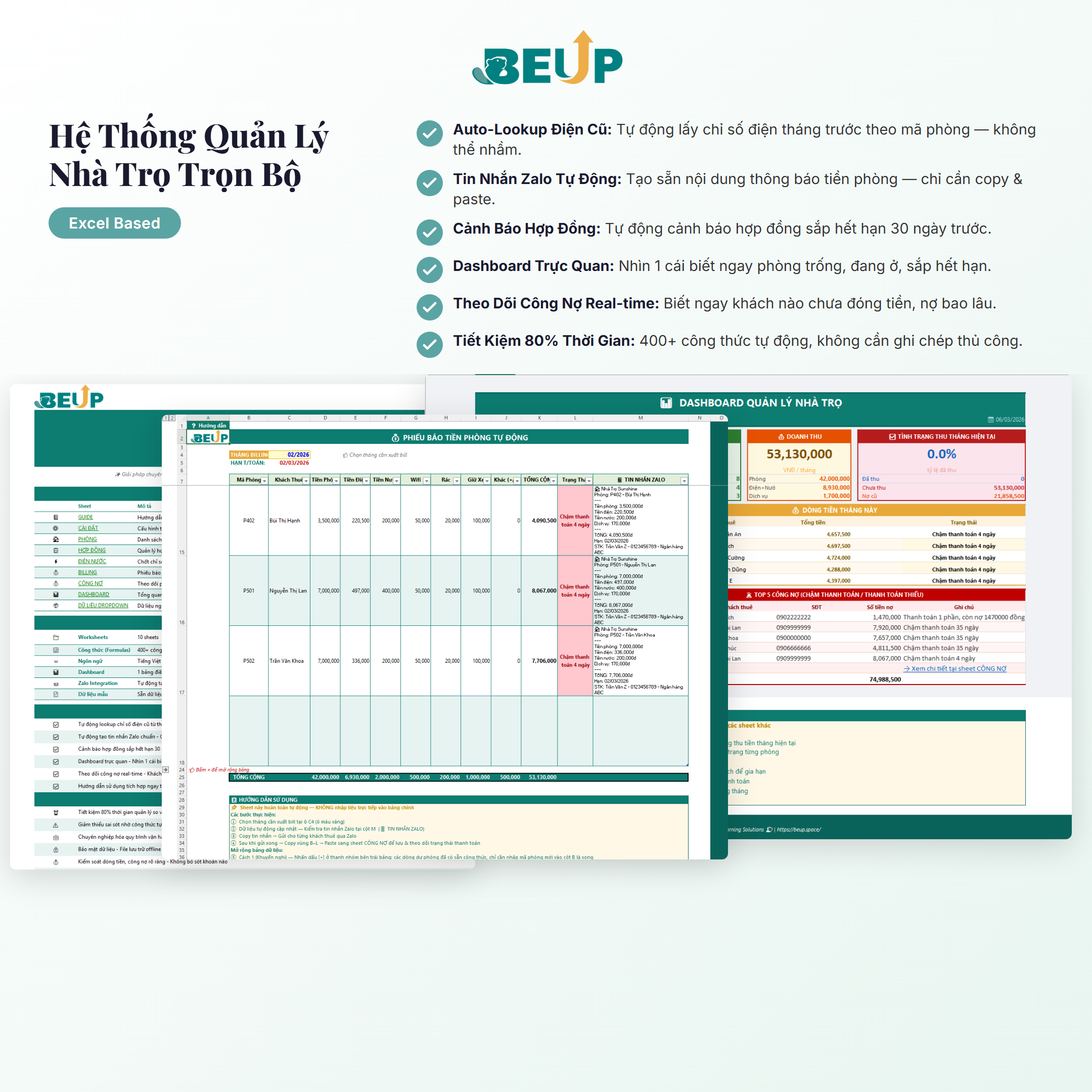 Tổng quan hệ thống quản lý nhà trọ Excel với dashboard, billing tự động và 6 tính năng chính — BEUP