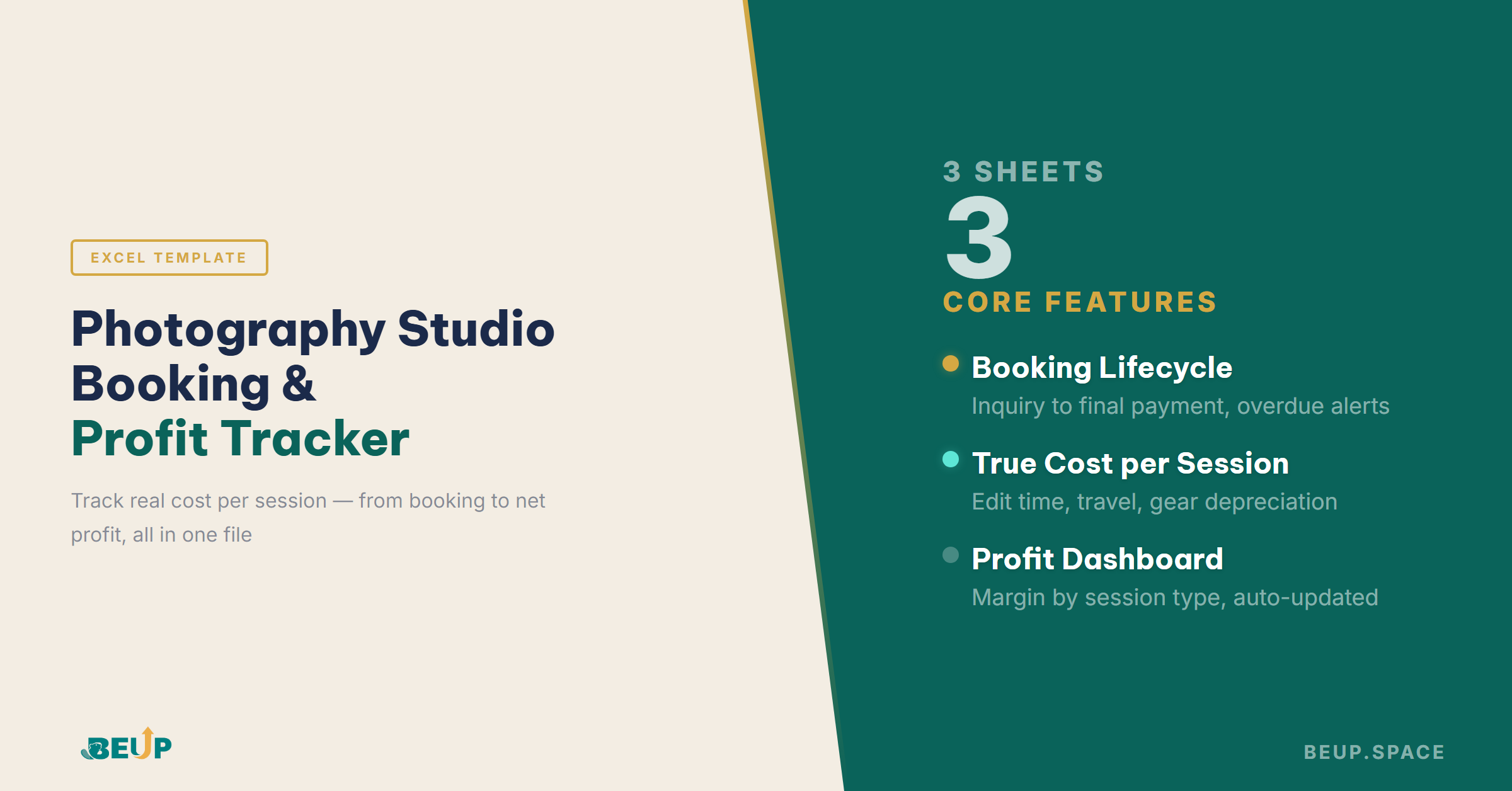 Photography Studio Booking and Profit Tracker — 7-sheet Excel system