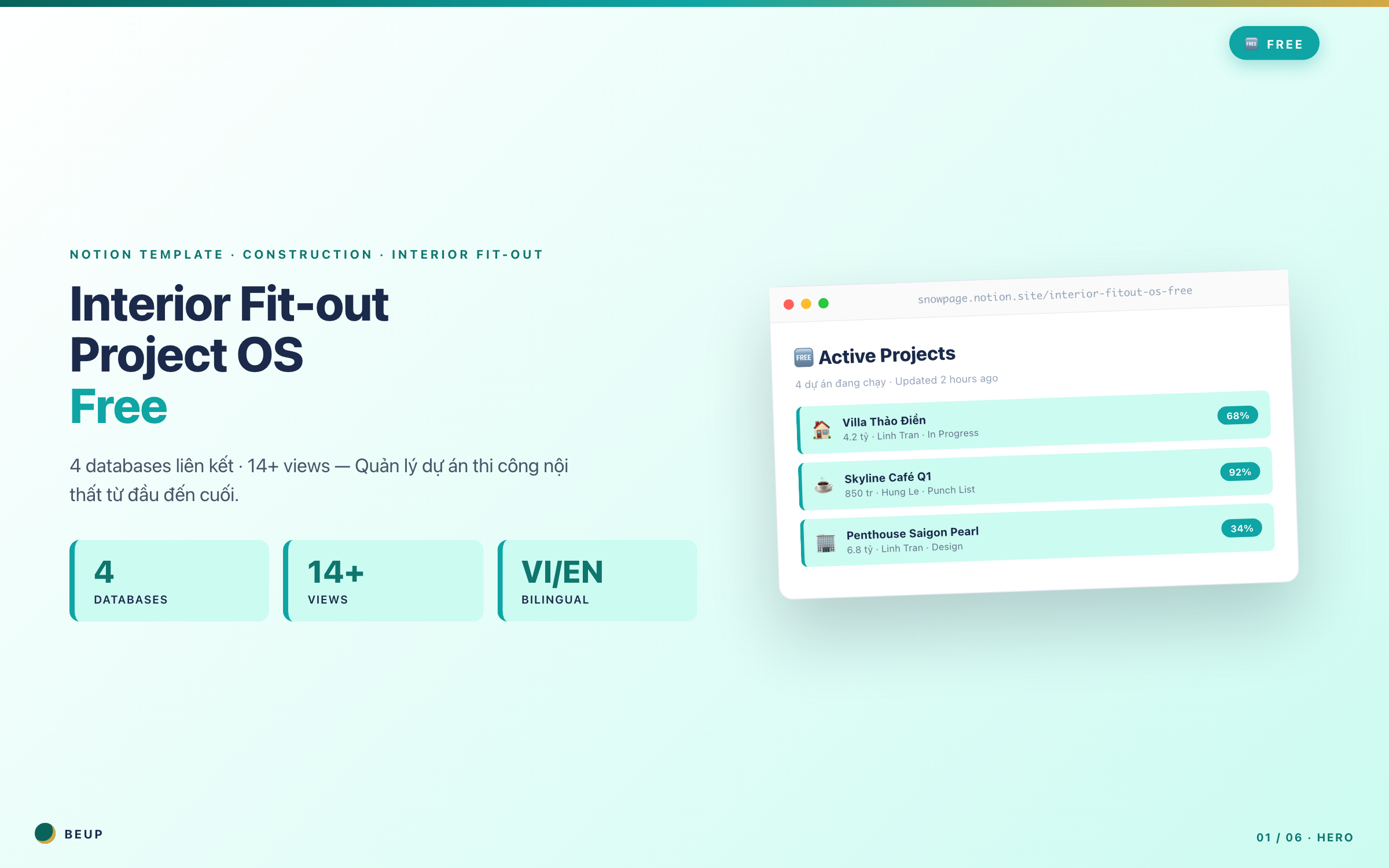 Interior Fit-out Project OS Free hero — 4 databases, 14+ views, VI/EN