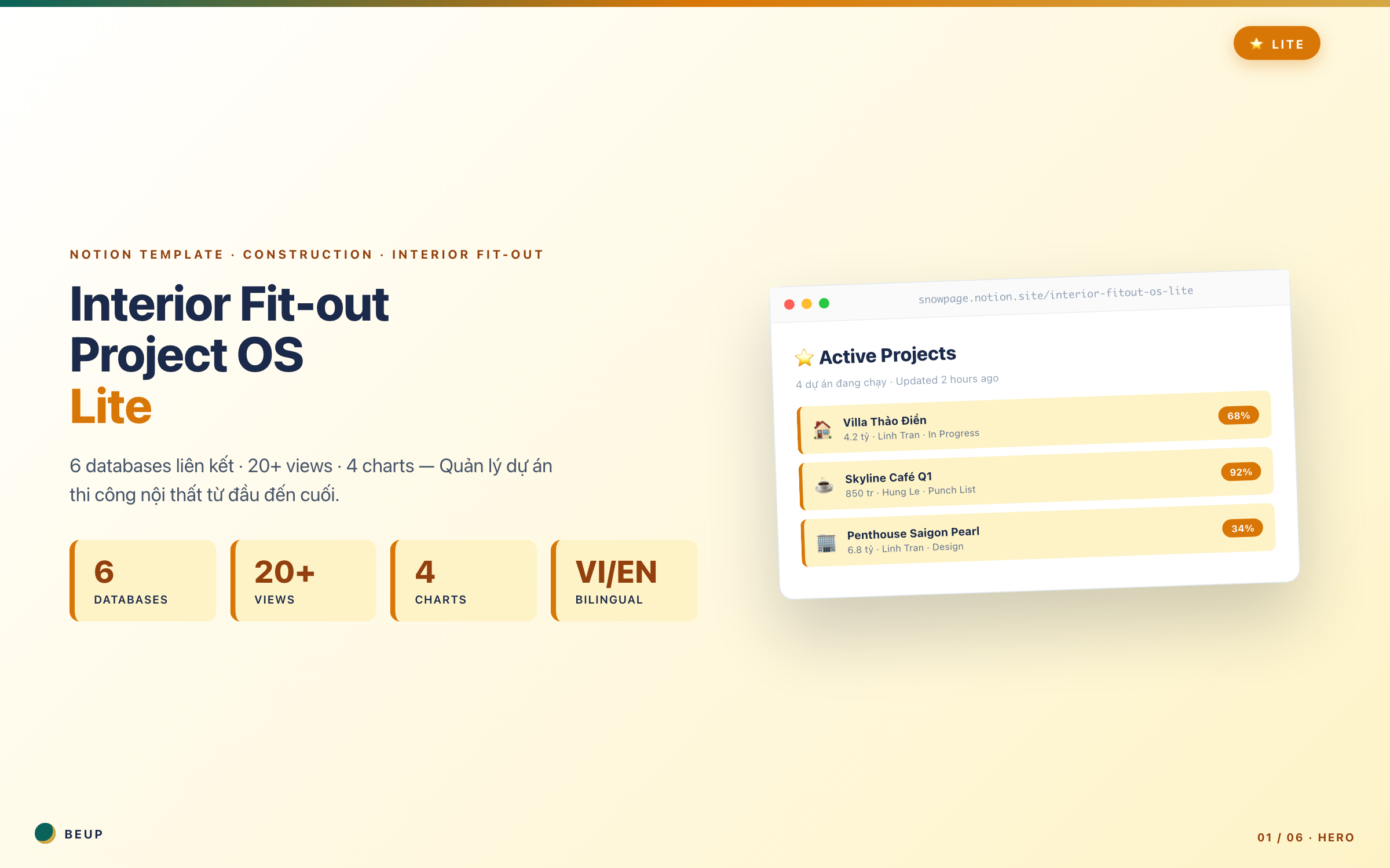 Interior Fit-out Project OS Lite hero — 6 databases, 4 charts, 20+ views