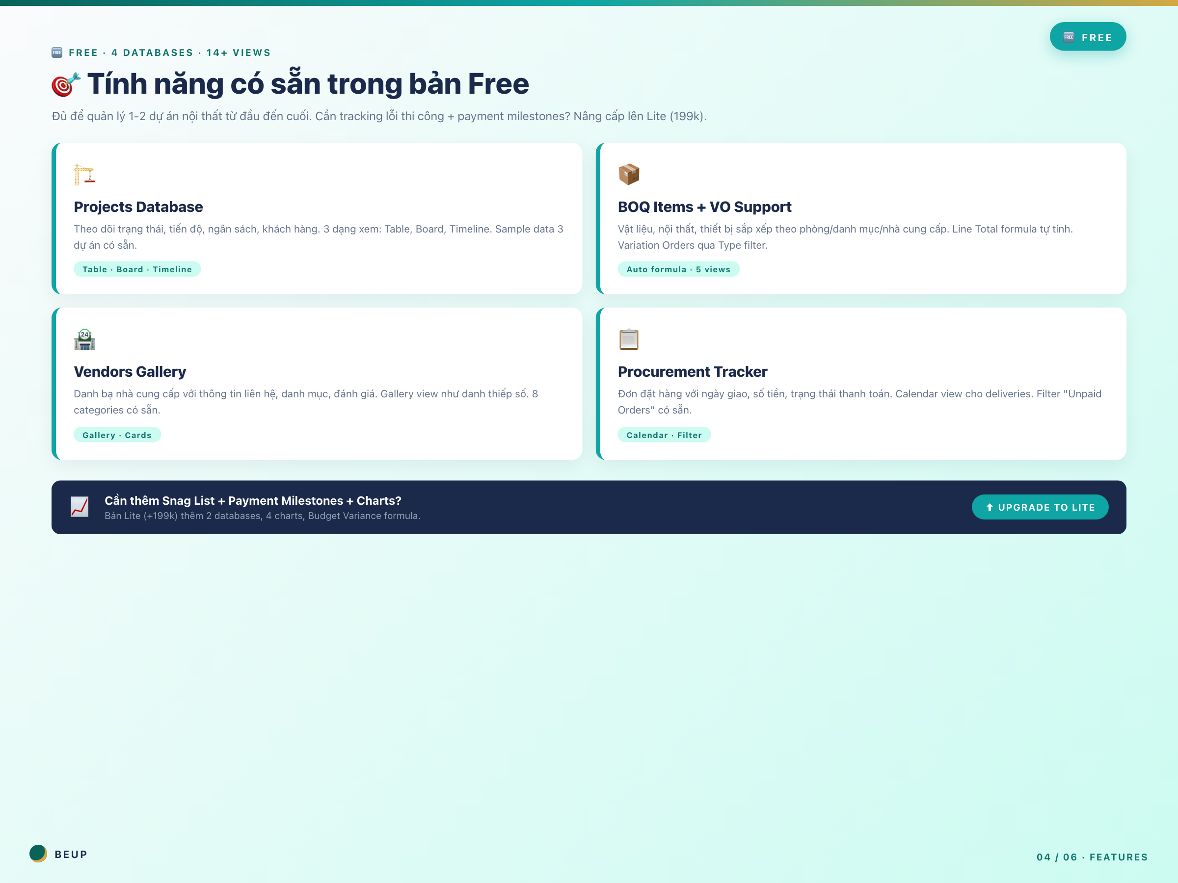 interior-fitout-project-os-free - 04-snag-payment-free Free tier features — Projects, BOQ, Vendors, Procurement