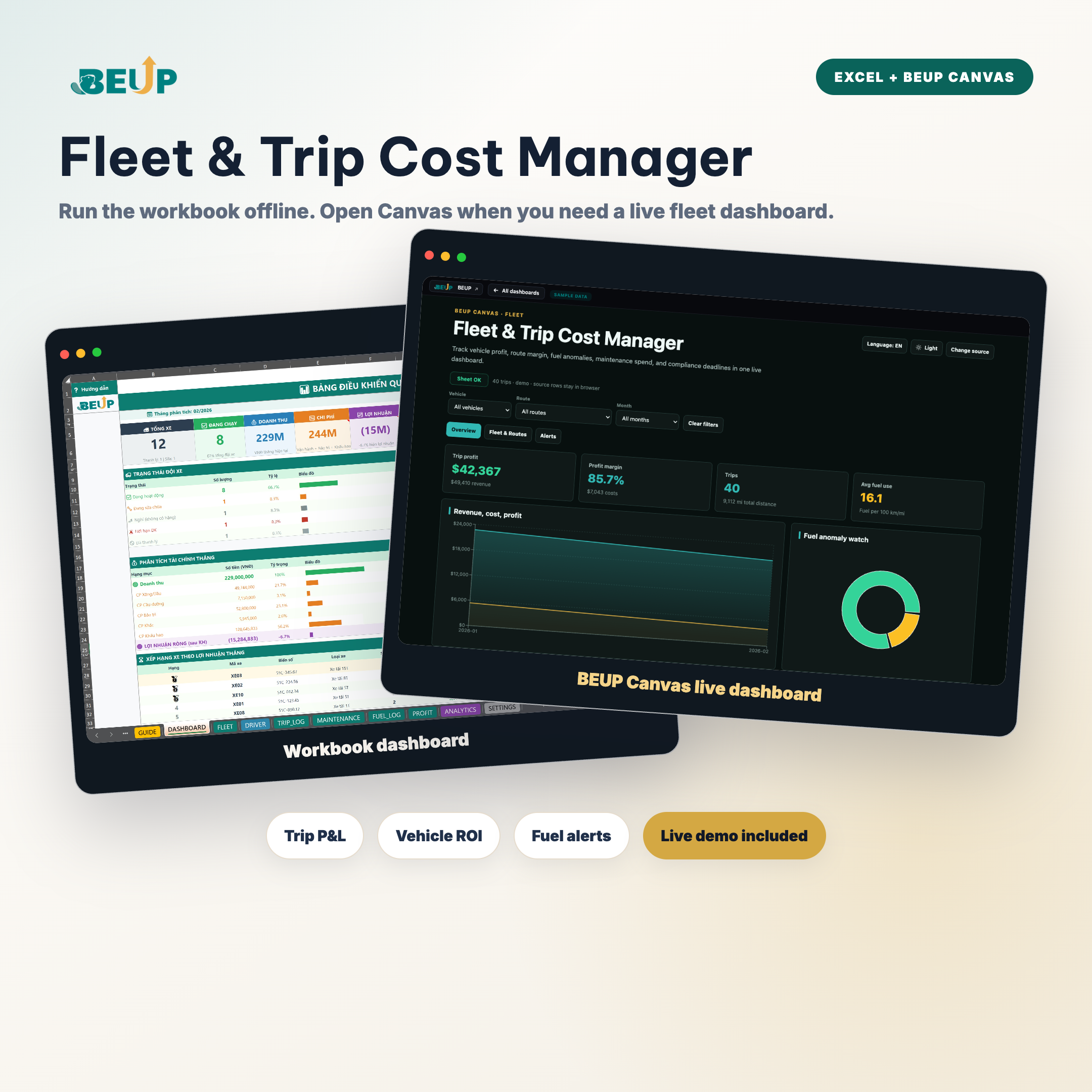 Fleet and trip cost manager with workbook dashboard and BEUP Canvas live dashboard