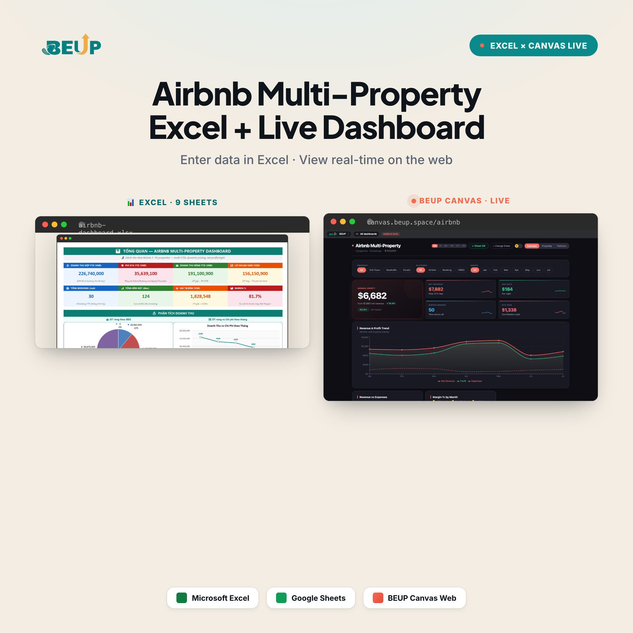 Airbnb Multi-Property — Excel + Live Dashboard on BEUP Canvas
