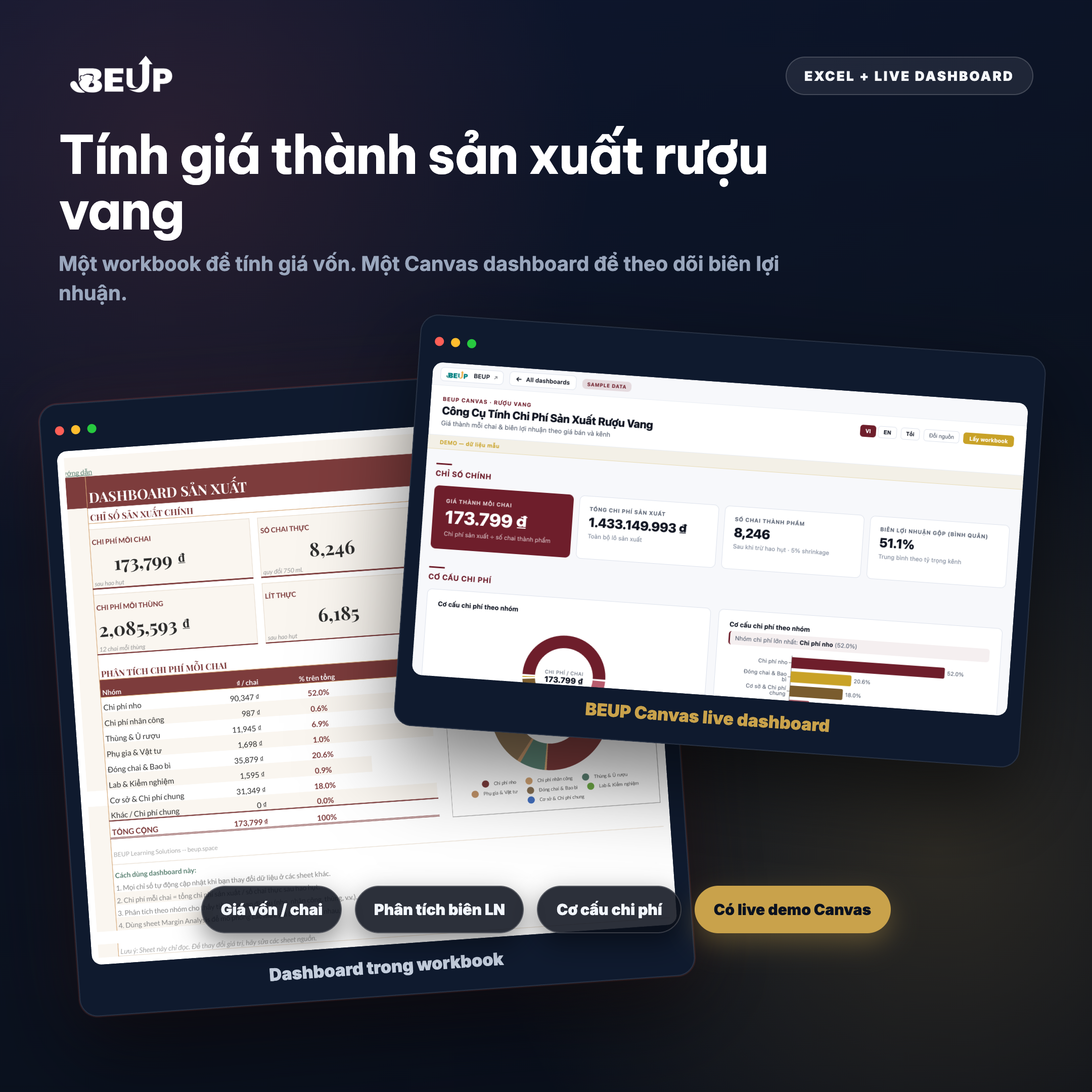 Tính giá thành sản xuất rượu vang — Excel + Canvas dashboard