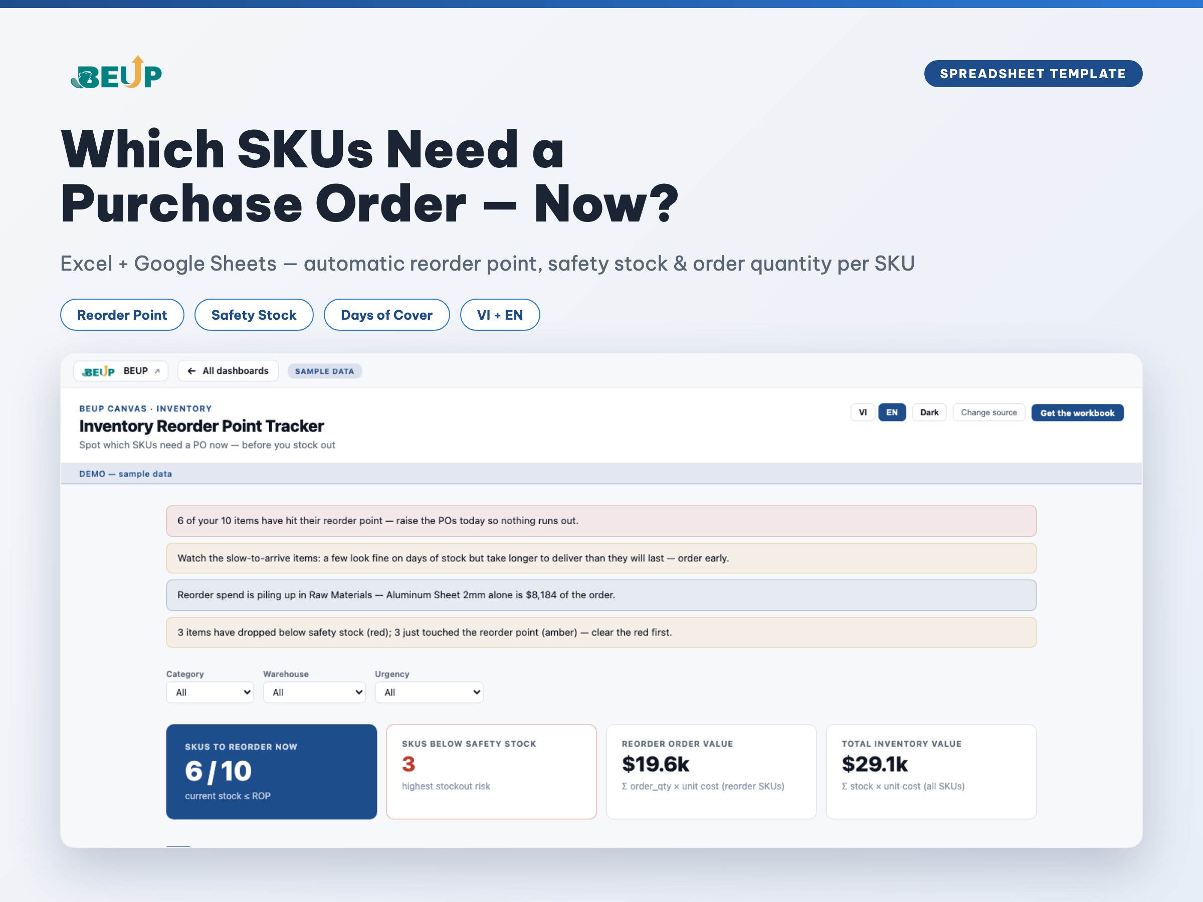 Inventory reorder point tracker — Excel + Google Sheets, auto ROP & safety stock